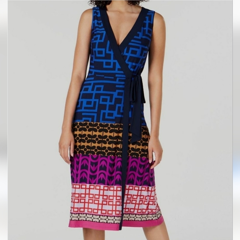 Trina Turk Krisel Midi Wrap Dress Blue Pink Geometric Print Size 6 Resortwear